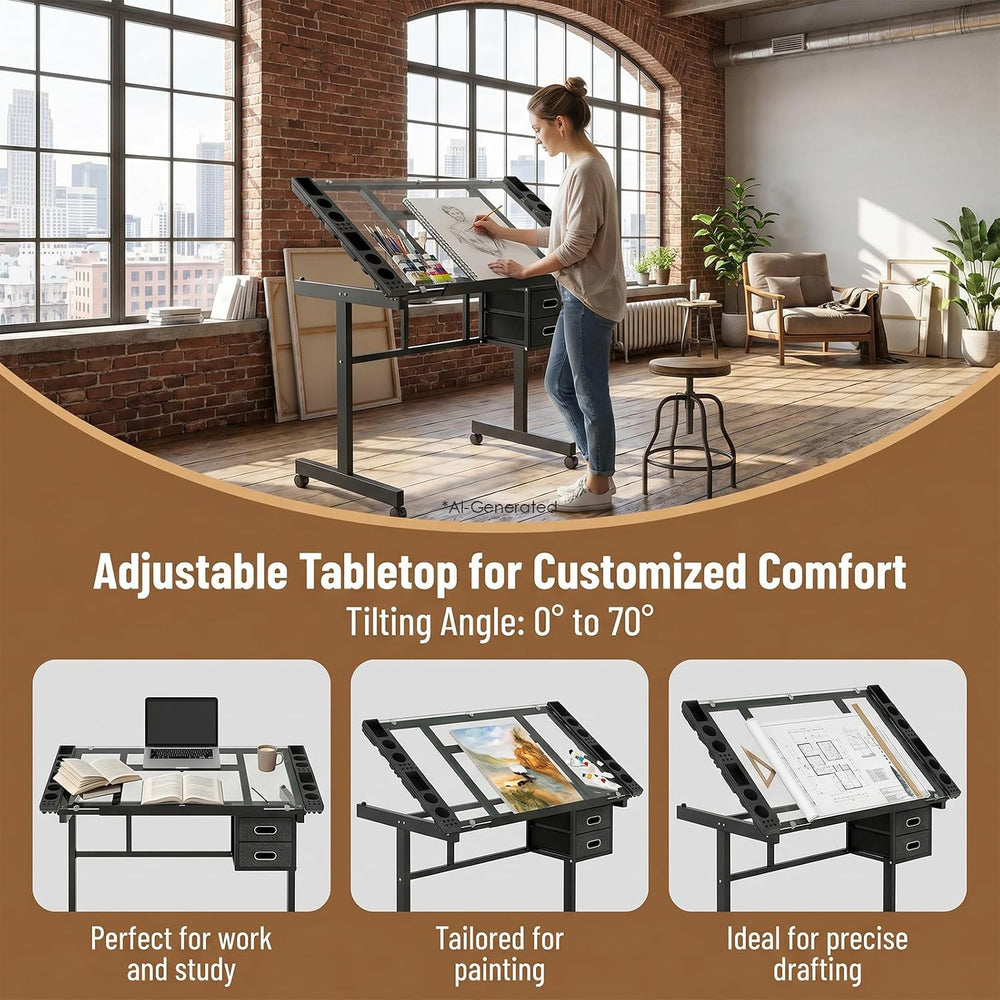 Rolling Drafting Table on Wheels, Painting Table Art Craft Desk Crafting Tabl...