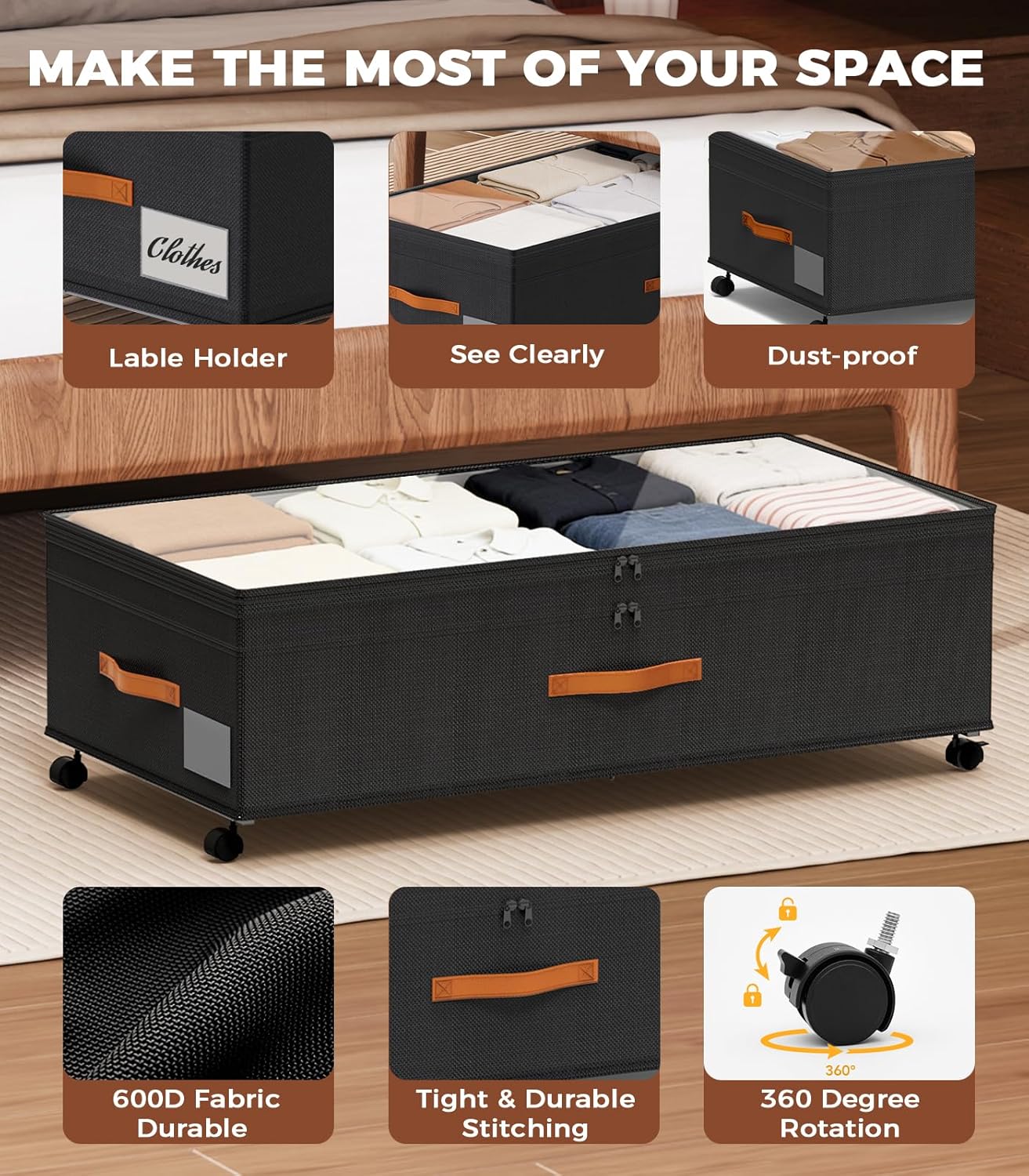 Under Bed Storage with Wheels, 35.5 inches Underbed Storage Large Capacity Under Bed Rolling Containers, 2 Pack Under the Bed Storage for Clothes, Shoes, Blankets (Deep Black)