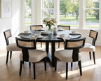 Rattan Dining Chairs Set of 4, Modern Dining Chair, Kitchen Dining Room Chair, Curved Cane Back Upholstered Linen Fabric Dining Chairs with Black Wood Frame, Beige