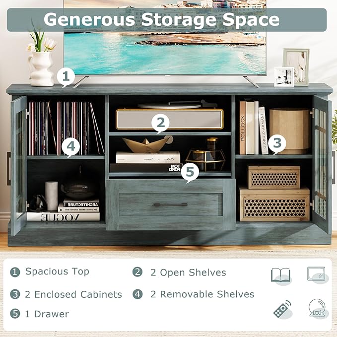 GOFLAME Farmhouse TV Stand for TVs up to 70", Entertainment Media Center Storage Cabinet with Glass Doors, Open Shelves & Drawer, Wooden Television Console Table for Living Room (Teal Blue)