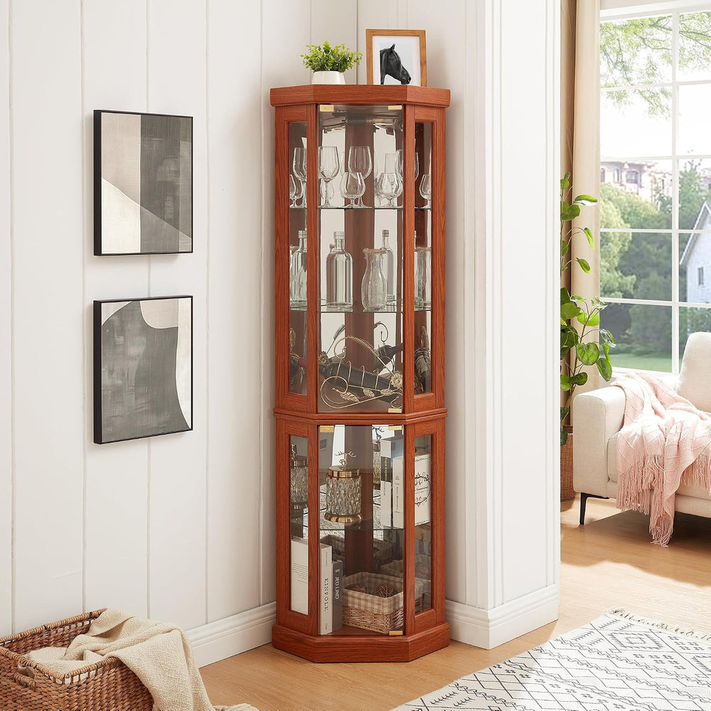 Tall Corner Cabinet with Glass Doors, Lighted Glass Display Curio Cabinet wit...