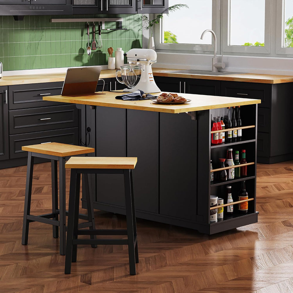 53" Kitchen Island with 2 Bar Stools, Large Rolling Kitchen Island on 5 ...