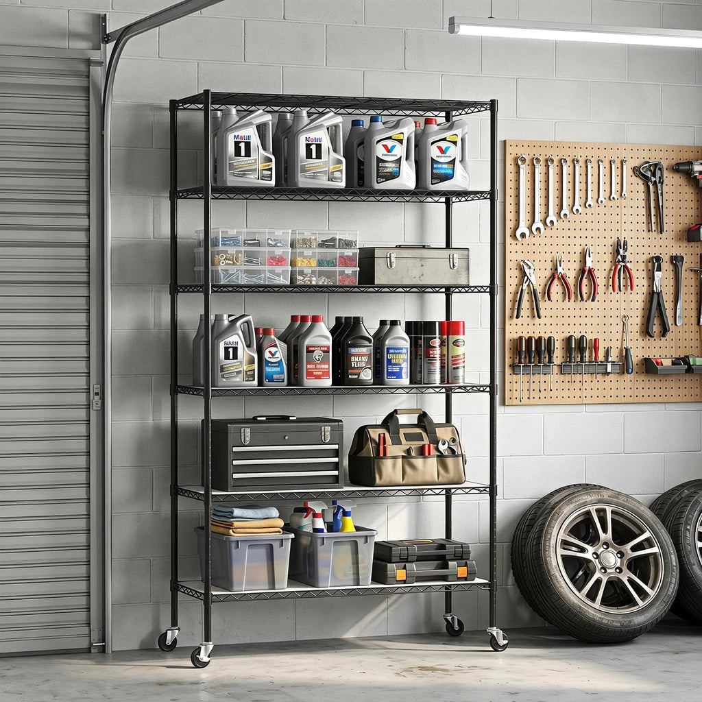 BestOffice | 6-Tier Wire Storage Shelves with PP Shim | 18x45x82 | Black | Wheels | Adjustable Racks | Heavy-Duty Metal Shelf, Holds Upto 2100 lbs | No-Tool Assembly | Ideal for Home & Garage Shelving