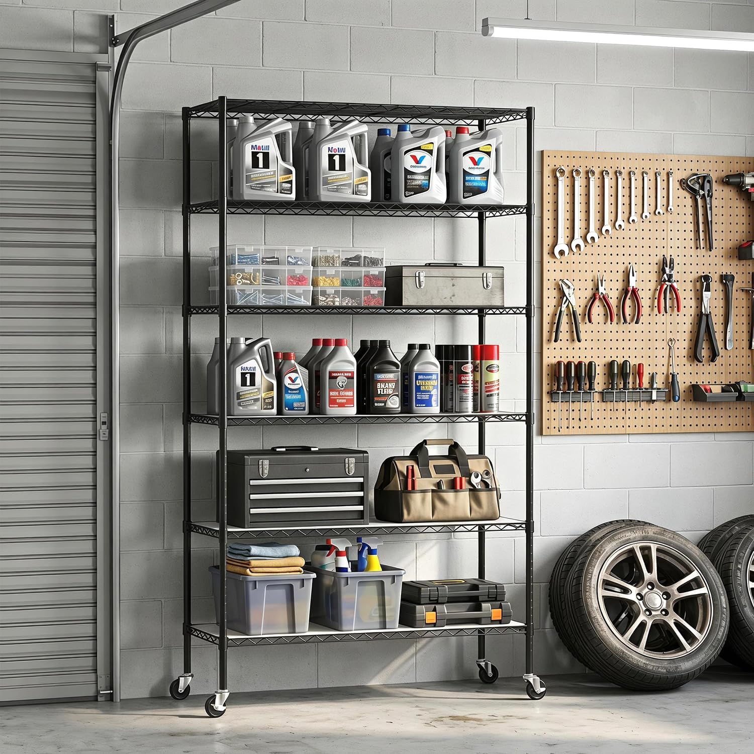 BestOffice | 6-Tier Wire Storage Shelves with PP Shim | 18x45x82 | Black | Wheels | Adjustable Racks | Heavy-Duty Metal Shelf, Holds Upto 2100 lbs | No-Tool Assembly | Ideal for Home & Garage Shelving