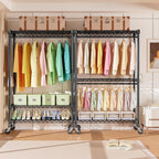 Heavy Duty Rolling Garment Rack 3 Tiers Adjustable Wire Shelving Clothes Rack with Rods and Side Hooks,Storage Closet Clothing Rack with Wheels Black 17.7" D x 47.2" W x 83.6" H