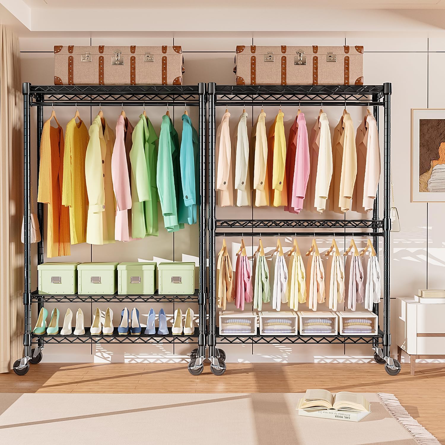 Heavy Duty Rolling Garment Rack 3 Tiers Adjustable Wire Shelving Clothes Rack with Rods and Side Hooks,Storage Closet Clothing Rack with Wheels Black 17.7" D x 47.2" W x 83.6" H