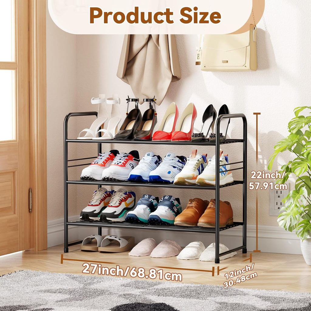 Simple Shoe Rack, 3 Tier Heavy Duty Metal Shoe Shelf 27 Inch Wide, Black