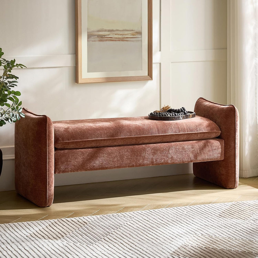HULALA HOME 57.5" Modern Chenille Upholstered Bench, End of Bed Bench wi...
