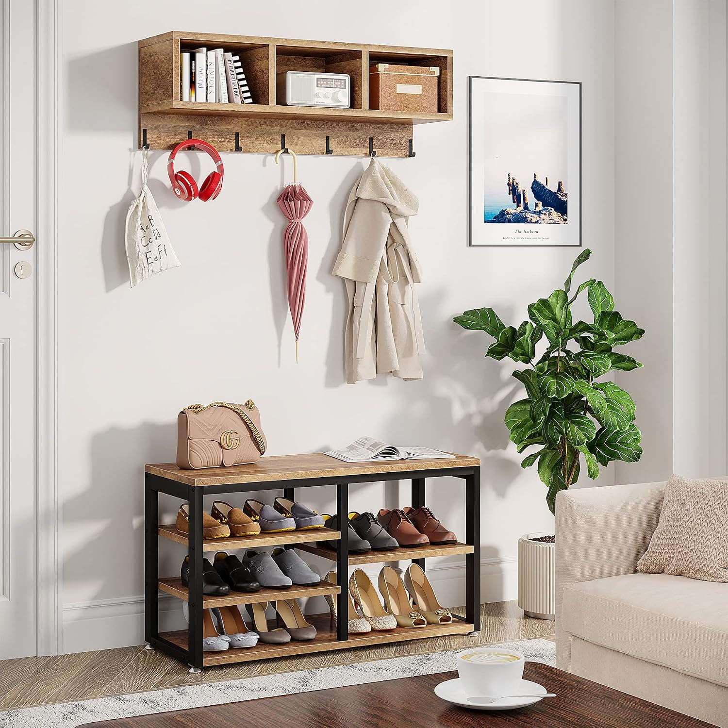 LITTLE TREE Coat Shoe Rack, Hall Tree Entryway Bench Set for Hallway, Living Room, Bedroom, Oak+Black
