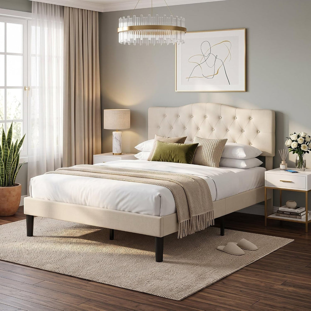 VECELO Queen Size Platform Bed Frame with Fabric Upholstered Headboard and Wo...
