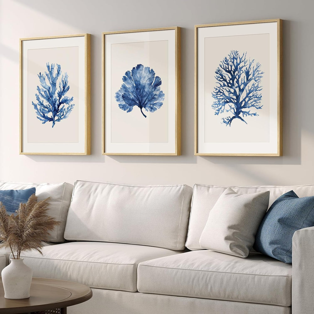 Framed Coastal Ocean Blue Coral Large Wall Art for Living Room, 16x24 Inch