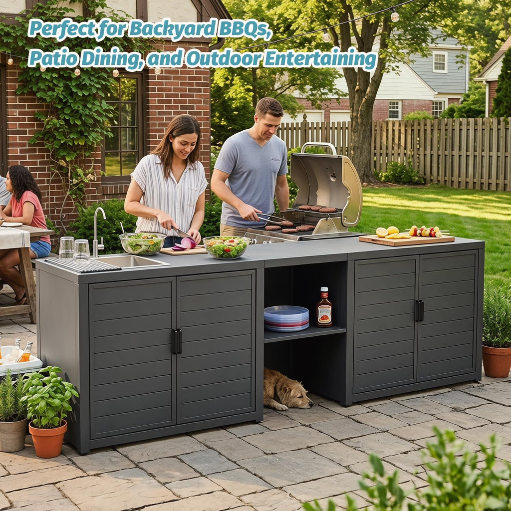 Domi Outdoor Kitchen Island with Sink, Aluminum Outdoor Kitchen Cabinet with Large Storage Space, Powder-Coated Weather Resistant Patio BBQ Prep Station with Drop-in Sink and Wide Countertop