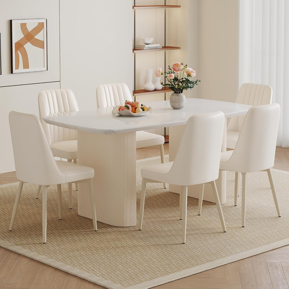 White Dining Table Set for 6, 67'' Marble Dining Table Set with 3.5&#...