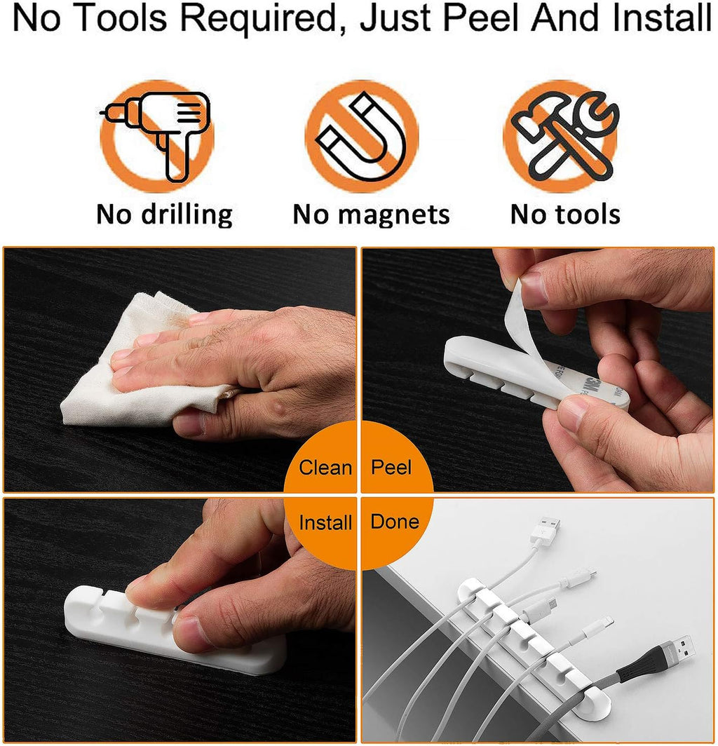 Cord Holder Cable Organizer Clips – Self Adhesive Cord Organizer for Desk, Car, Nightstands, Office, White Silicone Cord Keeper Cable Clips Wire Holders for Charger Cords (7-5-3-1-1 Slots)