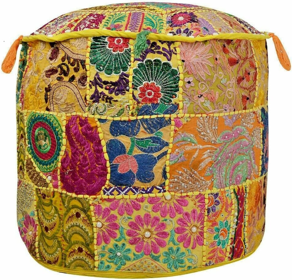 Indian Patchwork Round Ottoman Pouf Cover Vintage Moroccan Footstool Pouffe C...