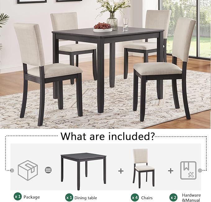 KEIKI 5-Piece Standard Height Dining Table Set with Square Table, 4 Upholstered Curved Backrest Chair, for 4 Person, Modern Style Table Set, Easy Assembly, for Kitchen, Dining Room, Black+Beige