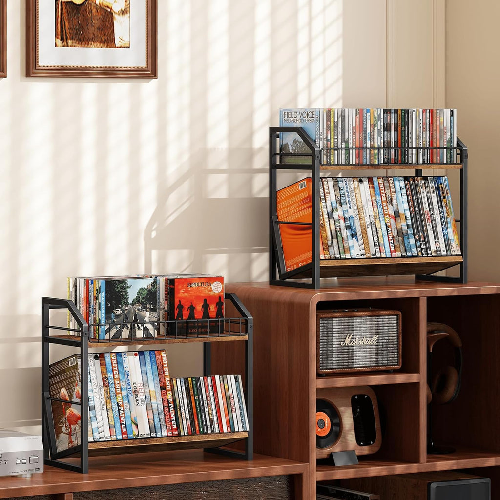 ELITEROO 2 Tier CD Holder, Wooden DVD Storage Rack, Tilting CD Organizer Tower for Display, CD Case Shelf Holds Up to Standard 80 CDs or 56 DVDs, Desktop DVD Stand for Music Enthusiasts, Rustic Brown