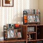 ELITEROO 2 Tier CD Holder, Wooden DVD Storage Rack, Tilting CD Organizer Tower for Display, CD Case Shelf Holds Up to Standard 80 CDs or 56 DVDs, Desktop DVD Stand for Music Enthusiasts, Rustic Brown
