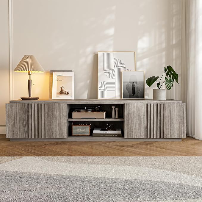 BELLEZE 70" Fluted TV Stand for TVs up to 75", Media Entertainment Center Console Table with Oversize Drawers and 2-Tier Open Shelves, Wood Storage Cabinet for Living Room, 15"D x 70"W x 16"H-(Gray)