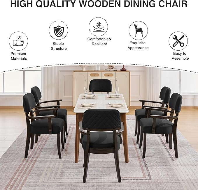 Velvet Dining Chairs with Arms Set of 4, Upholstered Dining Room Chairs with Hardwood Legs & Open Curved Backrest,Modern Accent Kitchen Chairs 350 LBS Capacity, Black