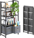 4NM No Assembly Folding Bookshelf Storage Shelves 4 Tiers Vintage Bookcase Standing Racks Study Organizer Home Office (All Black)