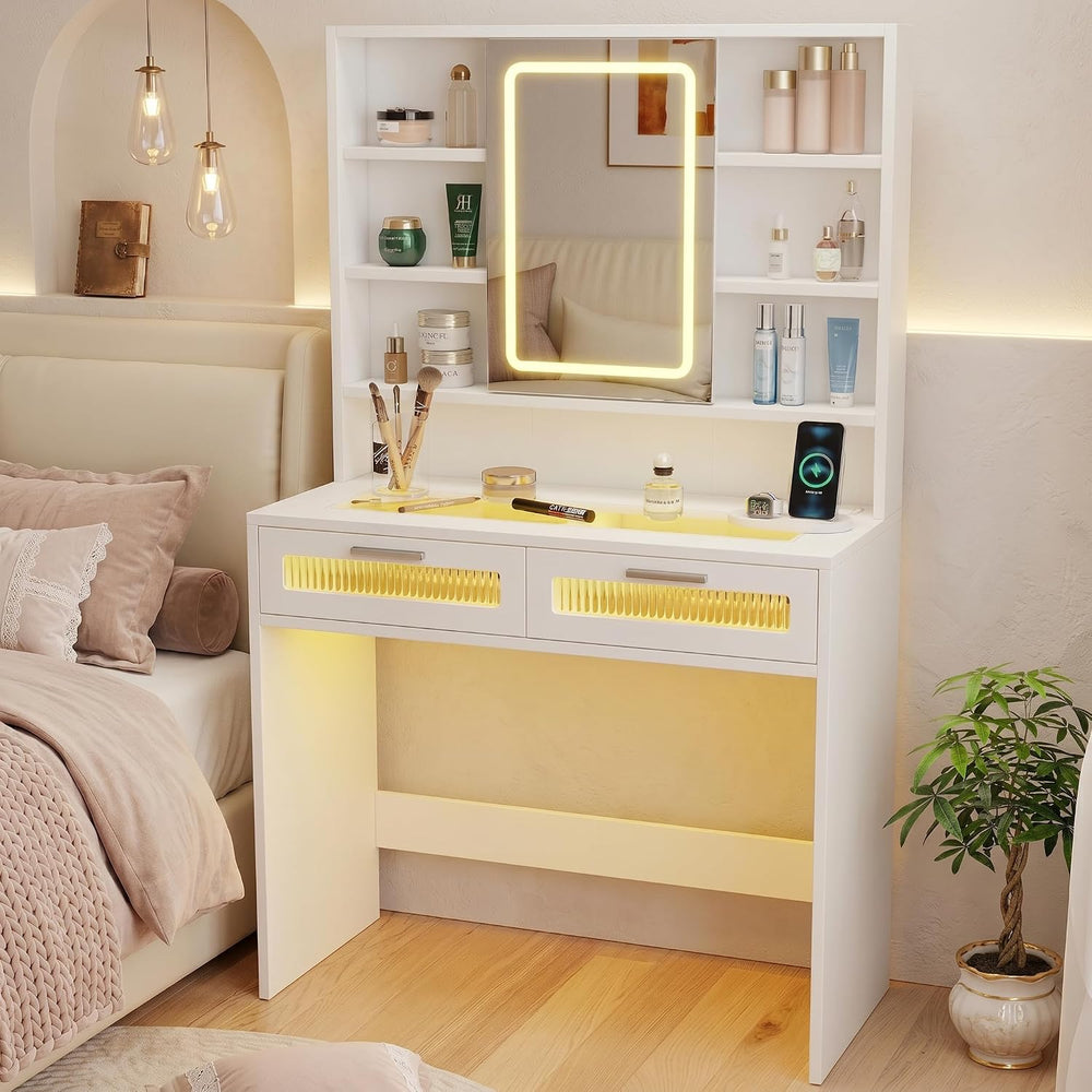 Hadulcet 35.5" Small Vanity Desk with Mirror and Lights, White Make Up V...
