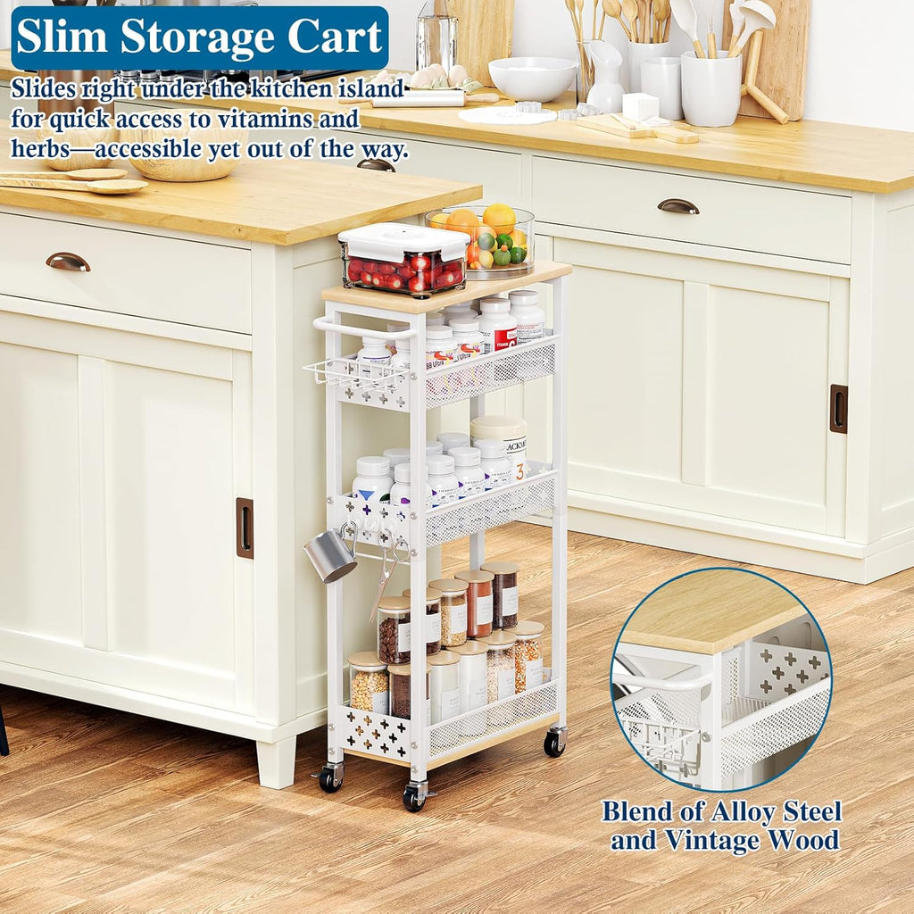 Rolling Slim Storage Cart, 4-Tier Narrow Bathroom Laundry Room Organization Cart, Metal Kitchen Storage Mobile Shelf Unit Organizer with Wood Top, Slim Utility Cart with Wheels for Small Space
