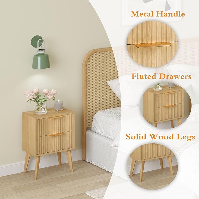Fluted Nightstand with 2 Drawers,Modern Bedside Table with Metal Handles,Whit...