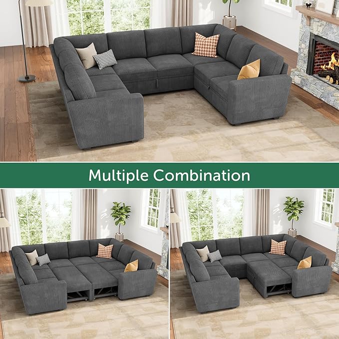 HONBAY Modular Sectional Pull Out Couch Bed, Corduroy Sleeper Sofa with Storage Seats, Oversized U Shaped Sectional Couches for Living Room, Dark Grey