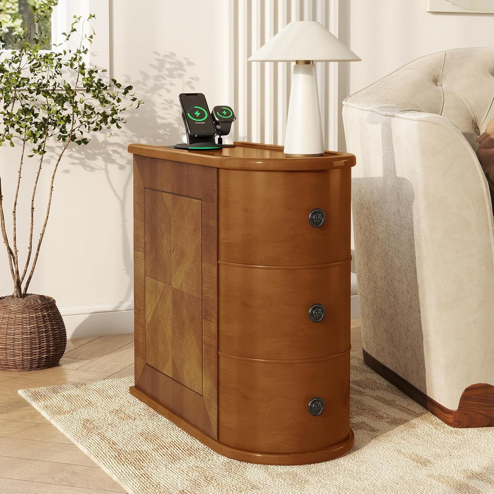 Narrow End Table with Charging Station, Wood Side Table with Drawers for Smal...