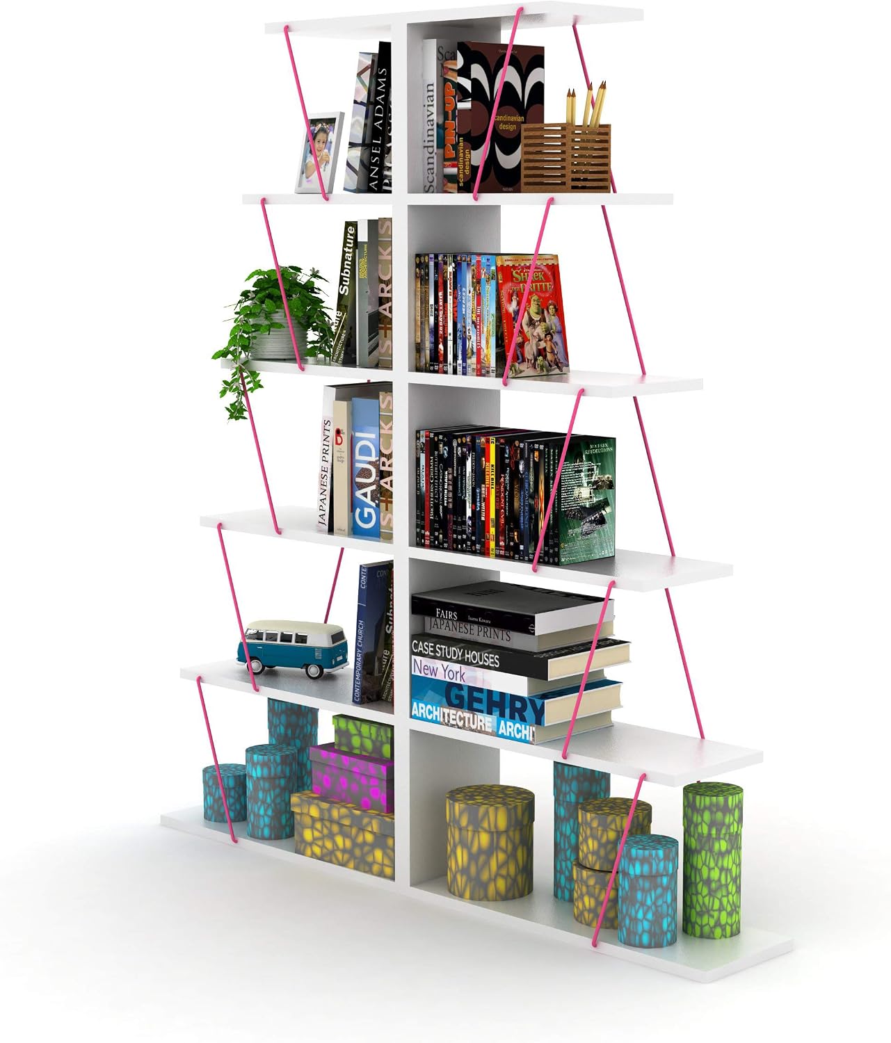 5 Tier Ladder Bookshelf Organizers, Narrow Bookshelf for Small Spaces Office Furniture Bookcase,White,Pink