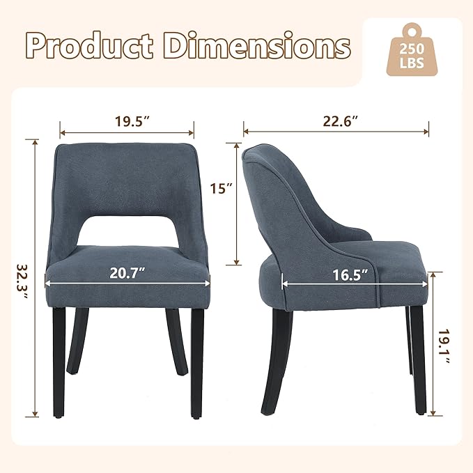 ClinQ Wooden Dining Chairs Set of 2, Modern Fabric Upholstered Kitchen Chairs Dining Chair, Mid Century Modern Chair for Dining Room, Farmhouse Kitchen Chairs for Kitchen Dining Room, Navy-Black Legs