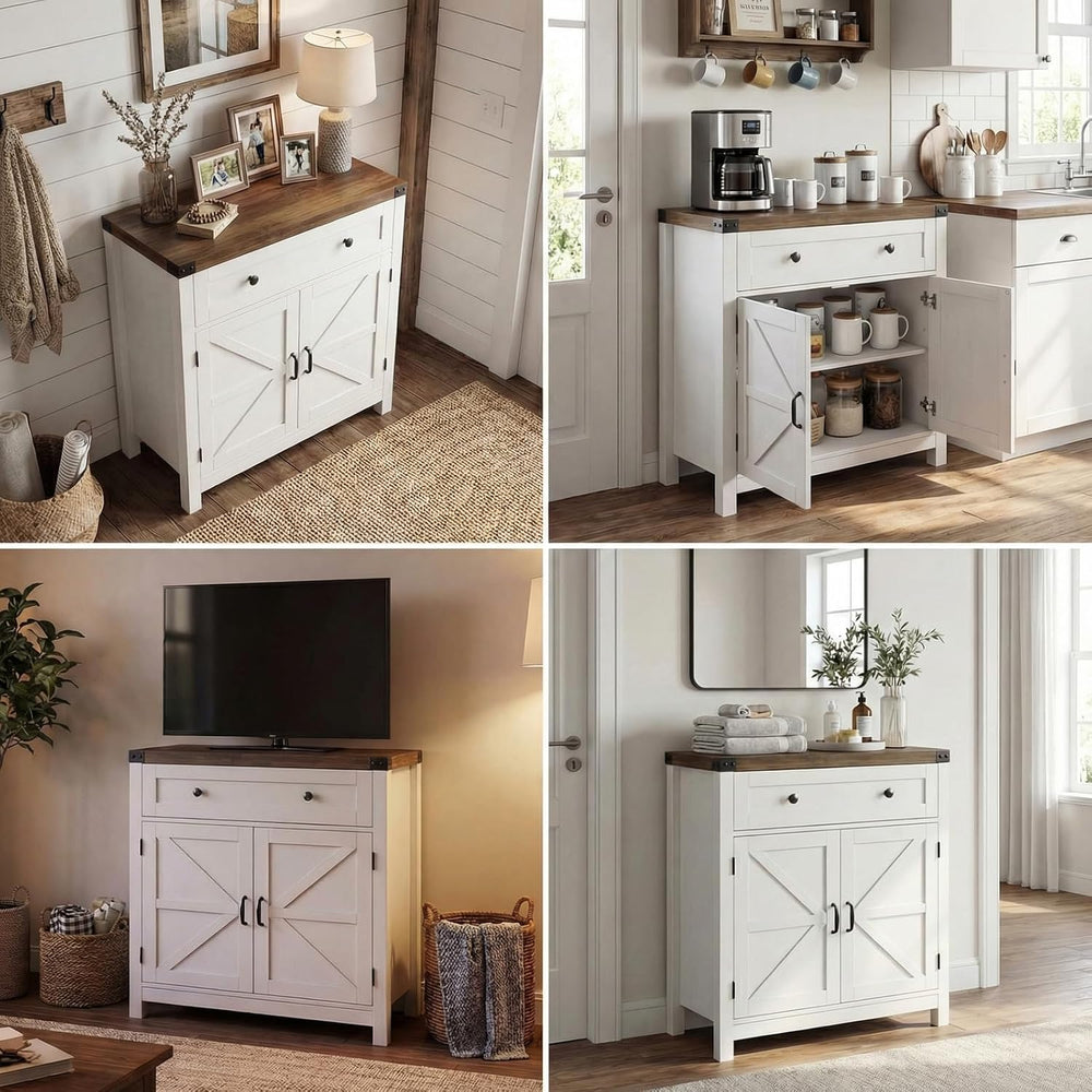 HOSTACK 31.5"W Kitchen Storage Cabinet, Farmhouse Coffee Bar Cabinet, Wh...
