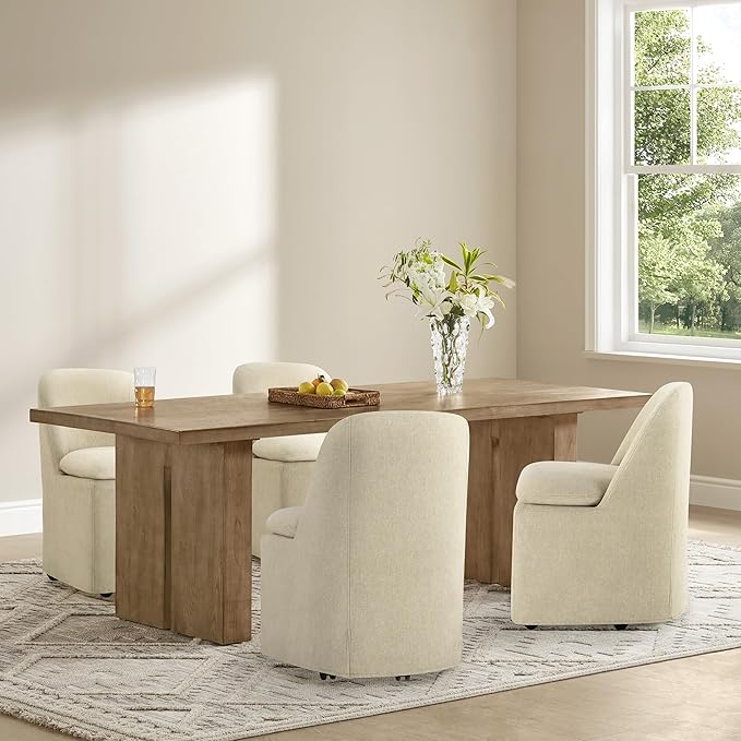 Upholstered Dining Chairs with Casters, Washable Cover Modern Dining Room Chairs with Thick Cushion & Sturdy Metal Frame for Kitchen, Living Room, Dressing Room, Sand Fabric, Set of 2