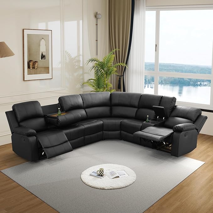 Manual Recliner Sectional Sofa Set, Bonded Leather L-Shaped Living Room Furniture Sets, Reclining Corner Couch with Drop-Down Table/Storage Console/Cup Holders for Home Office (Black, Sectional)