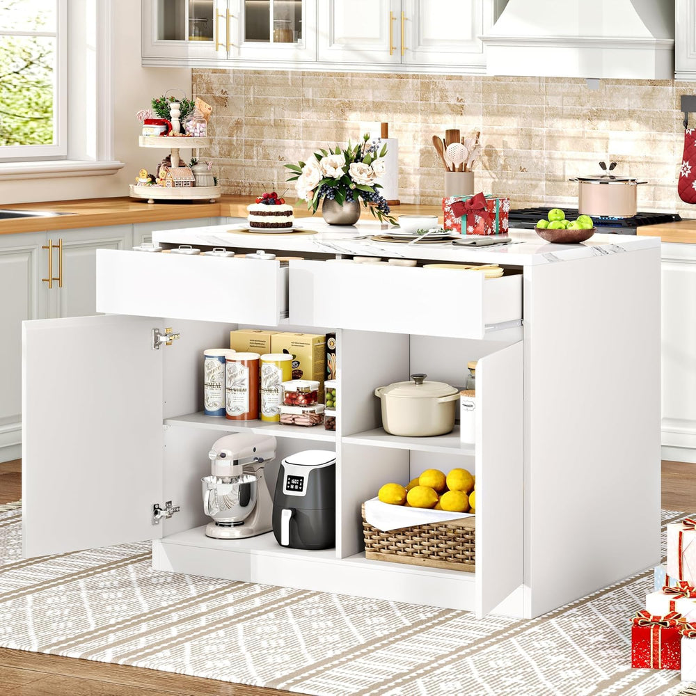 DynJest Kitchen Island with Storage, 47.2" Large Faux Marble Countertop ...