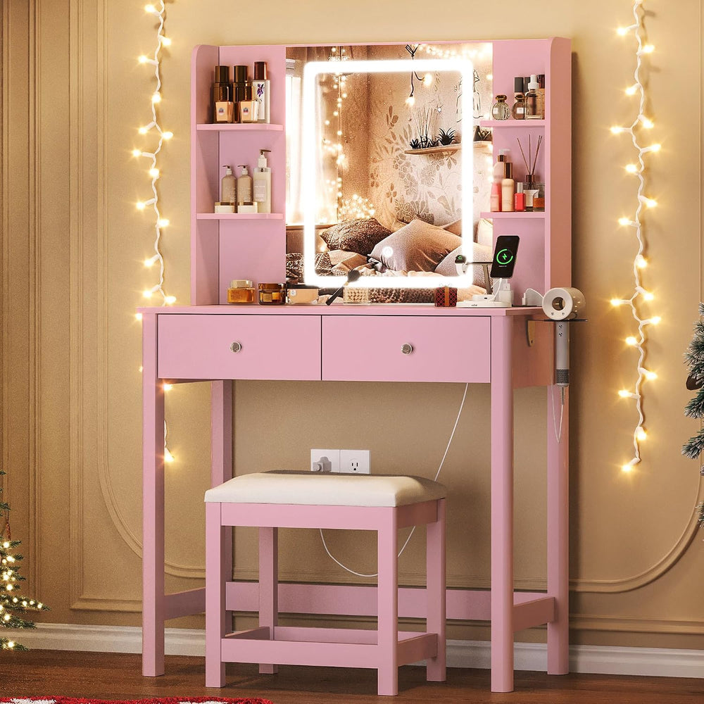 Vanity Desk with LED Mirror, 3 Lighting Modes and Chair | Small Makeup Vanity...