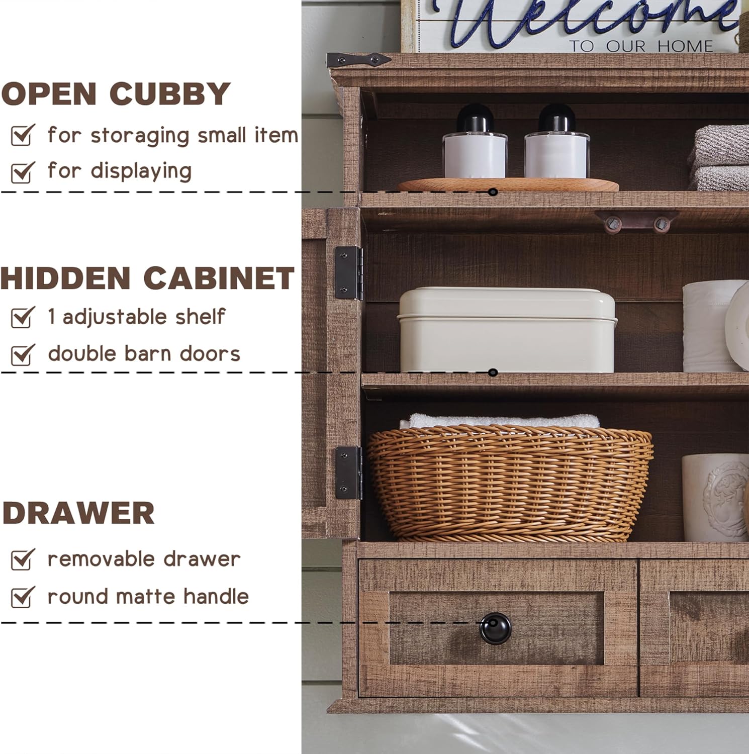 ACCOHOHO Bathroom Wall Cabinet, Farmhouse 24" Wide Medicine Cabinet with Drawer, Adjustable Shelf, Double Barn Doors, Storage Cabinets for Bathroom, Kitchen, Living Room, Rustic Brown