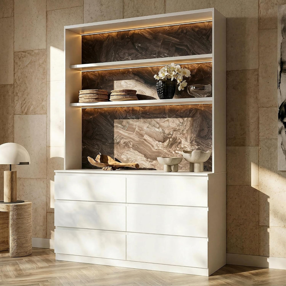 Homsee 92.5" H Lighted Kitchen Pantry Cabinet with 6 Drawers & Charg...