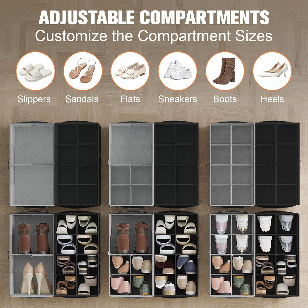 Shoe Organizer for Closet, 2 Pack Foldable Shoe Storage Organizer with Adjustable Dividers, Shoe Storage Box with Clear Cover, Fits up to 16 Pairs, Black & Gray