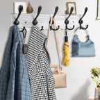 2pcs Coat Rack Wall Mount Wooden Hat Rack for Wall Hooks Pine Real Wood Plank 16.9" Old White Coat Hanger with 5 Black Triple Hooks for Hanging Coat Hat Jacket