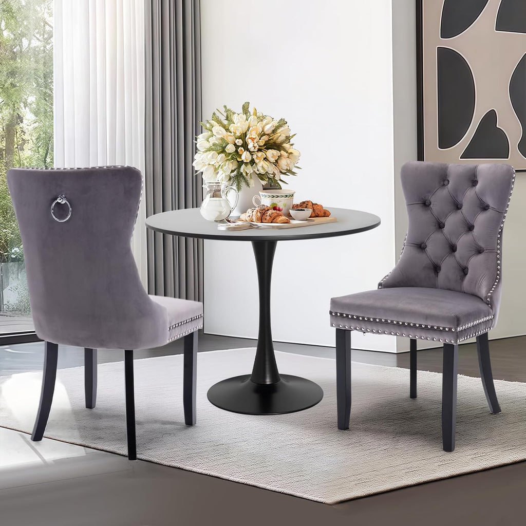 3-Pieces Dining Sets, 31.5" Round Dining Table Set with 2 Velvet Upholstered Dining Chairs,Wooden Legs Design for Kitchen Dining Room Apartment Small Space(1 Black Table with 2 Grey Chairs)