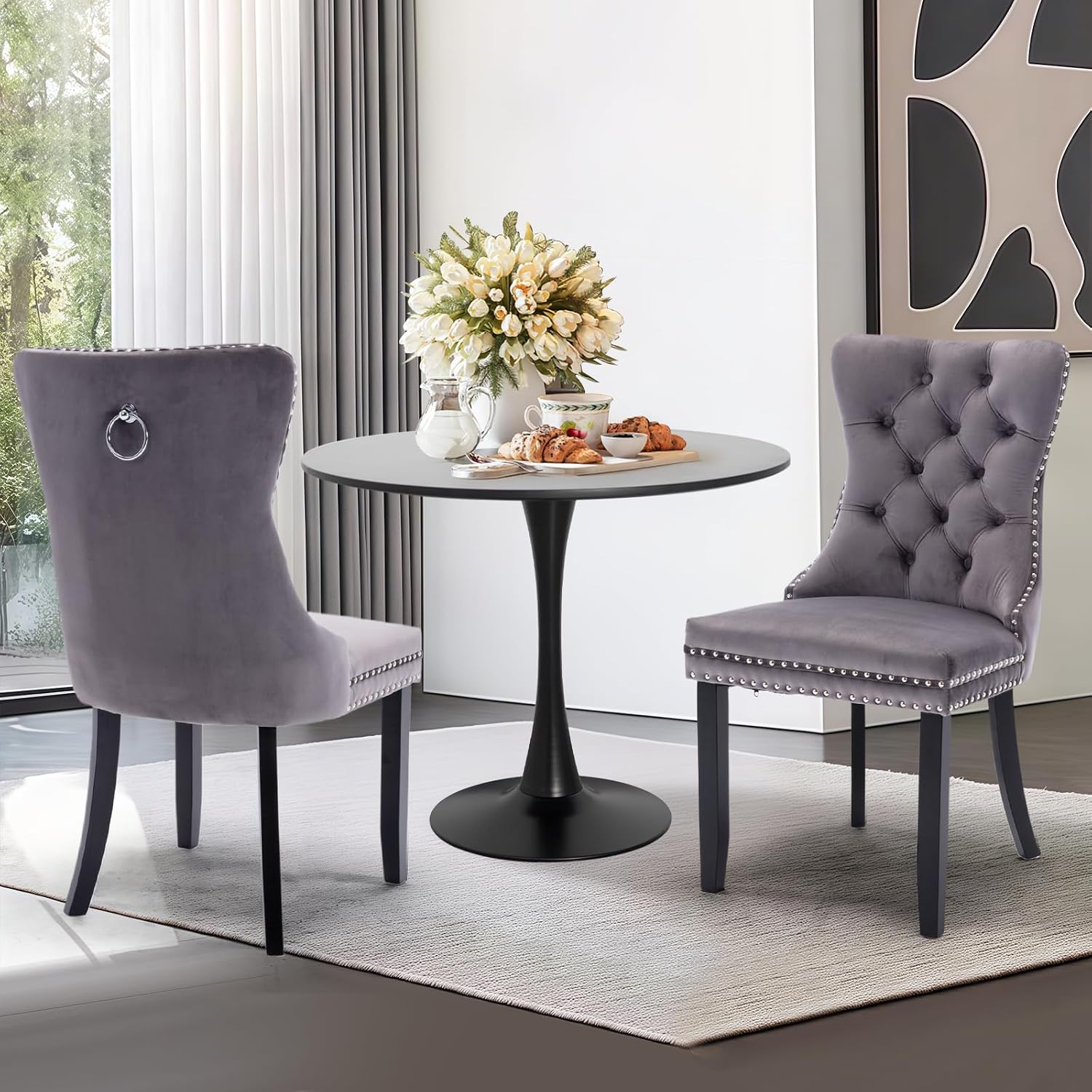 3-Pieces Dining Sets, 31.5" Round Dining Table Set with 2 Velvet Upholstered Dining Chairs,Wooden Legs Design for Kitchen Dining Room Apartment Small Space(1 Black Table with 2 Grey Chairs)