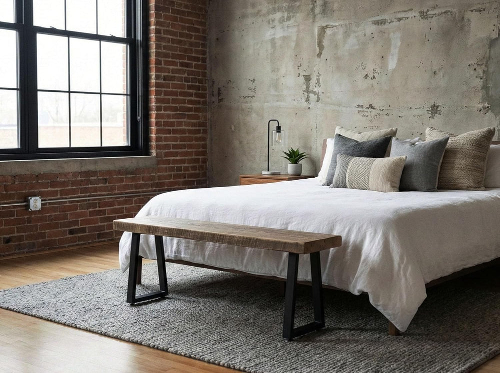 Rustic Revival Reclaimed Barnwood Bench, Solid Wood with Metal Base, Modern F...