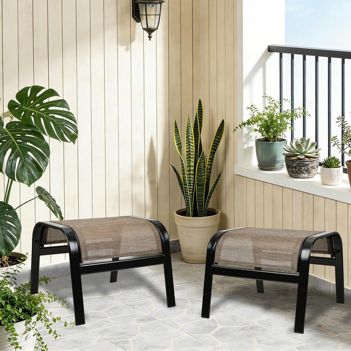 Outdoor Patio Footstool Ottoman Assembled 2 Set All Weather Breathable Metal Frame Greige