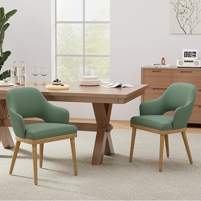 Wooden Dining Chairs Set of 2, Modern Fabric Upholstered Dining Room Chair, Kitchen Side Chairs, Farmhouse Dinner Chair with Open Back for Kitchen, Green