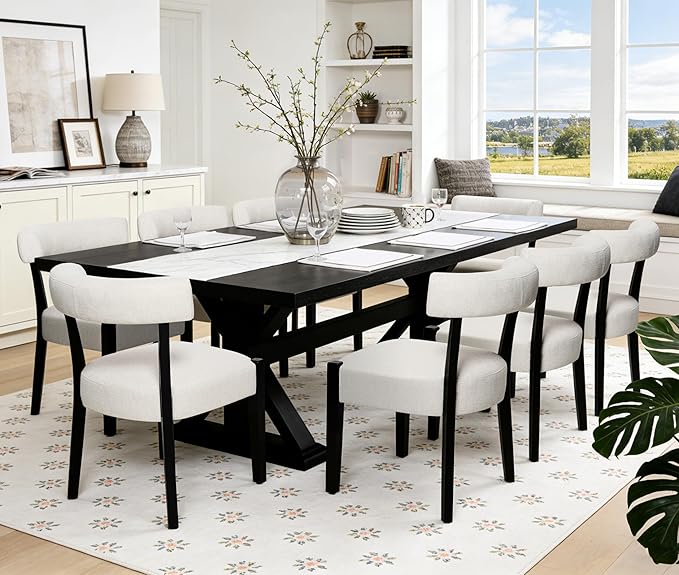 Modern Dining Chairs Set of 8, Upholstered Kitchen & Dining Room Chairs, Mid Century Modern Wooden Dining Chairs Oversized Sturdy Fabric Rounded Chairs Curved Back, Black and Beige