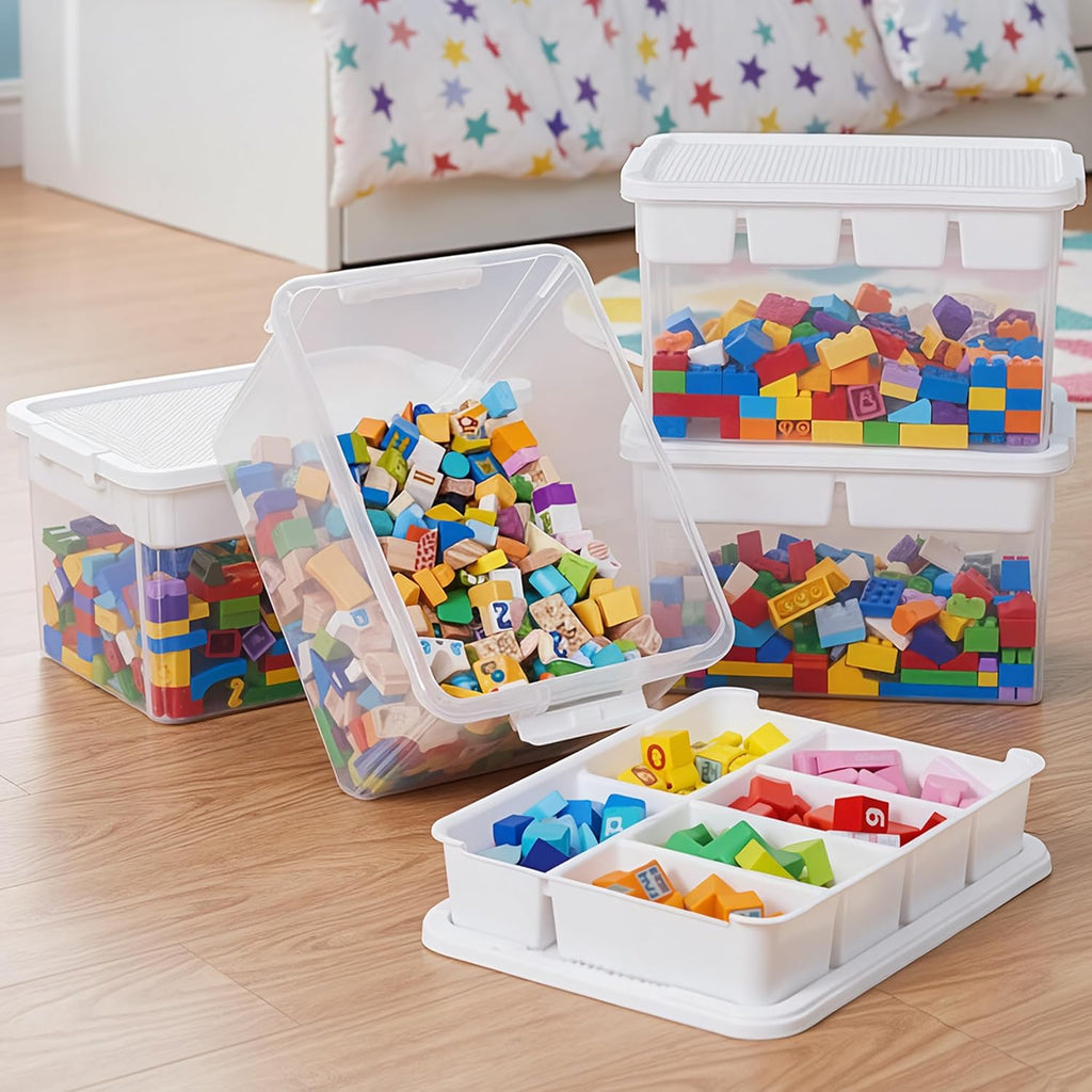Citylife 32 QT Stackable Toy Storage with Building Baseplate Lid and Removable Tray Tool Box Organizer Storage Bins with Lids for Organizing Bead, Tool, Sewing, 2 Packs
