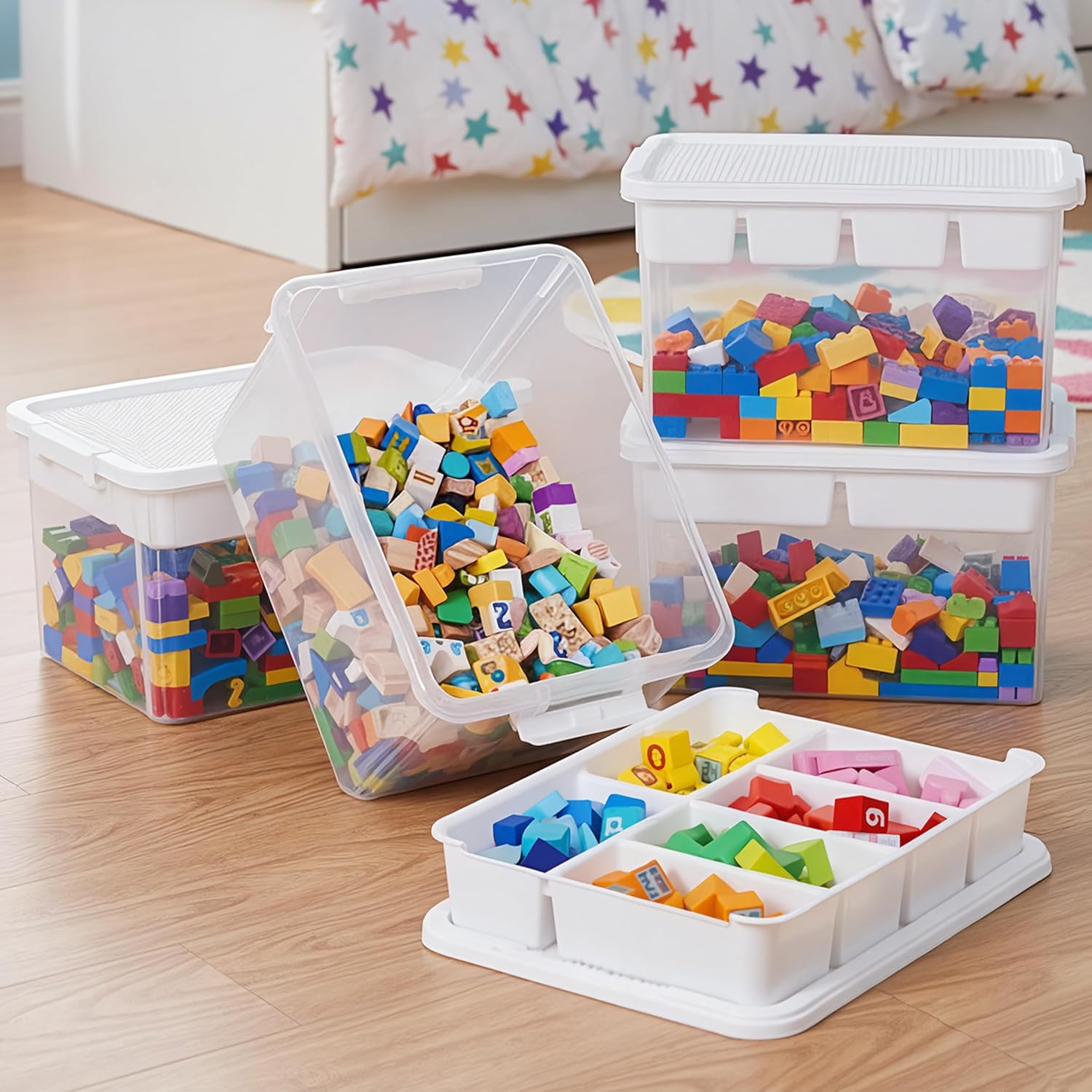 Citylife 32 QT Stackable Toy Storage with Building Baseplate Lid and Removable Tray Tool Box Organizer Storage Bins with Lids for Organizing Bead, Tool, Sewing, 2 Packs
