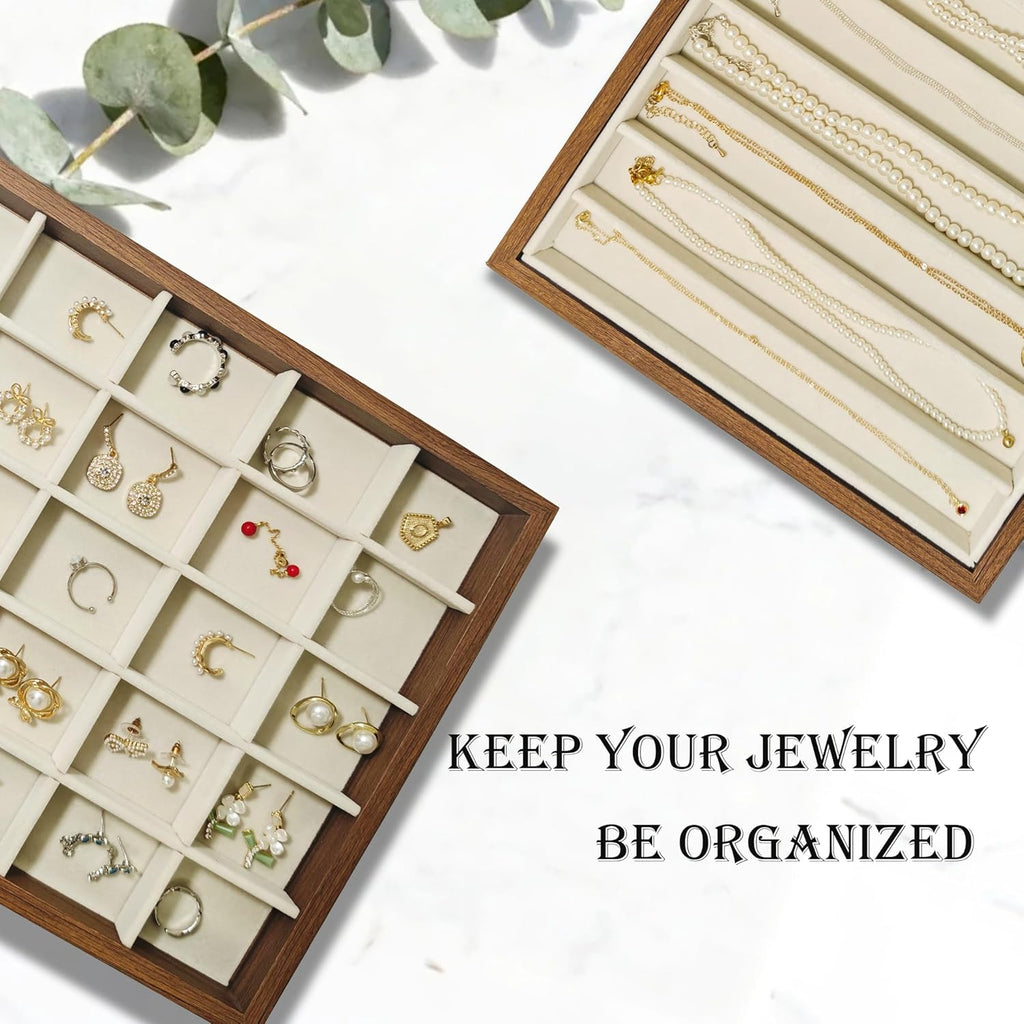 Large Jewelry Trays for Drawers Stackable Velvet Jewelry Display for Vendors Jewelry Drawer Organizer Inserts for Rings Necklace Bracelets Earrings and Studs Earrings (Beige, 30 Grid)
